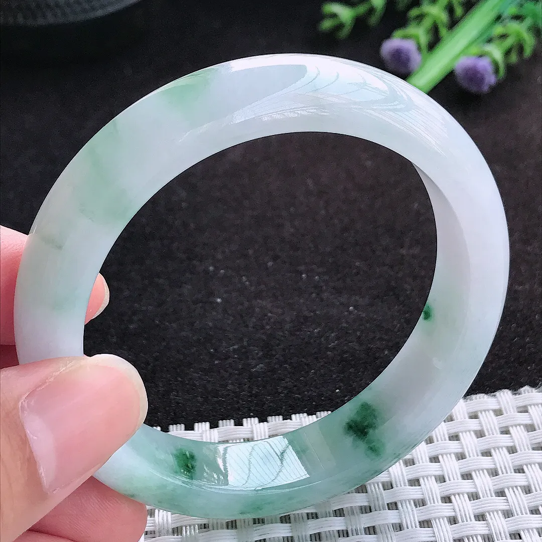 自然光55/13.3/8.4老坑冰润起胶飘花宽边手镯天然翡翠玉镯百搭女款