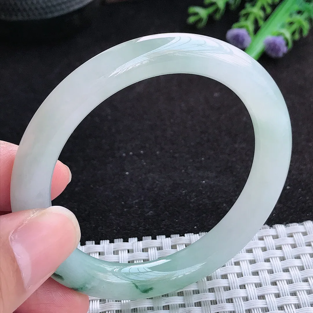 自然光53.5/9.1老坑冰胶果冻冰飘花圆条手镯天然翡翠玉镯百搭女款