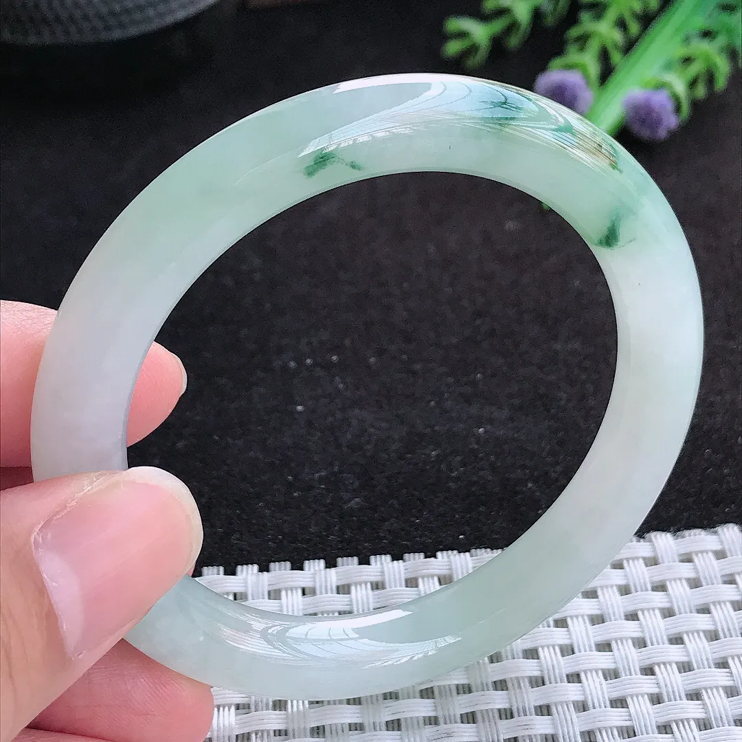自然光53.5/9.1老坑冰胶果冻冰飘花圆条手镯天然翡翠玉镯百搭女款