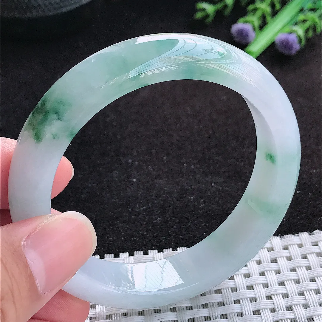自然光55/13.3/8.4老坑冰润起胶飘花宽边手镯天然翡翠玉镯百搭女款