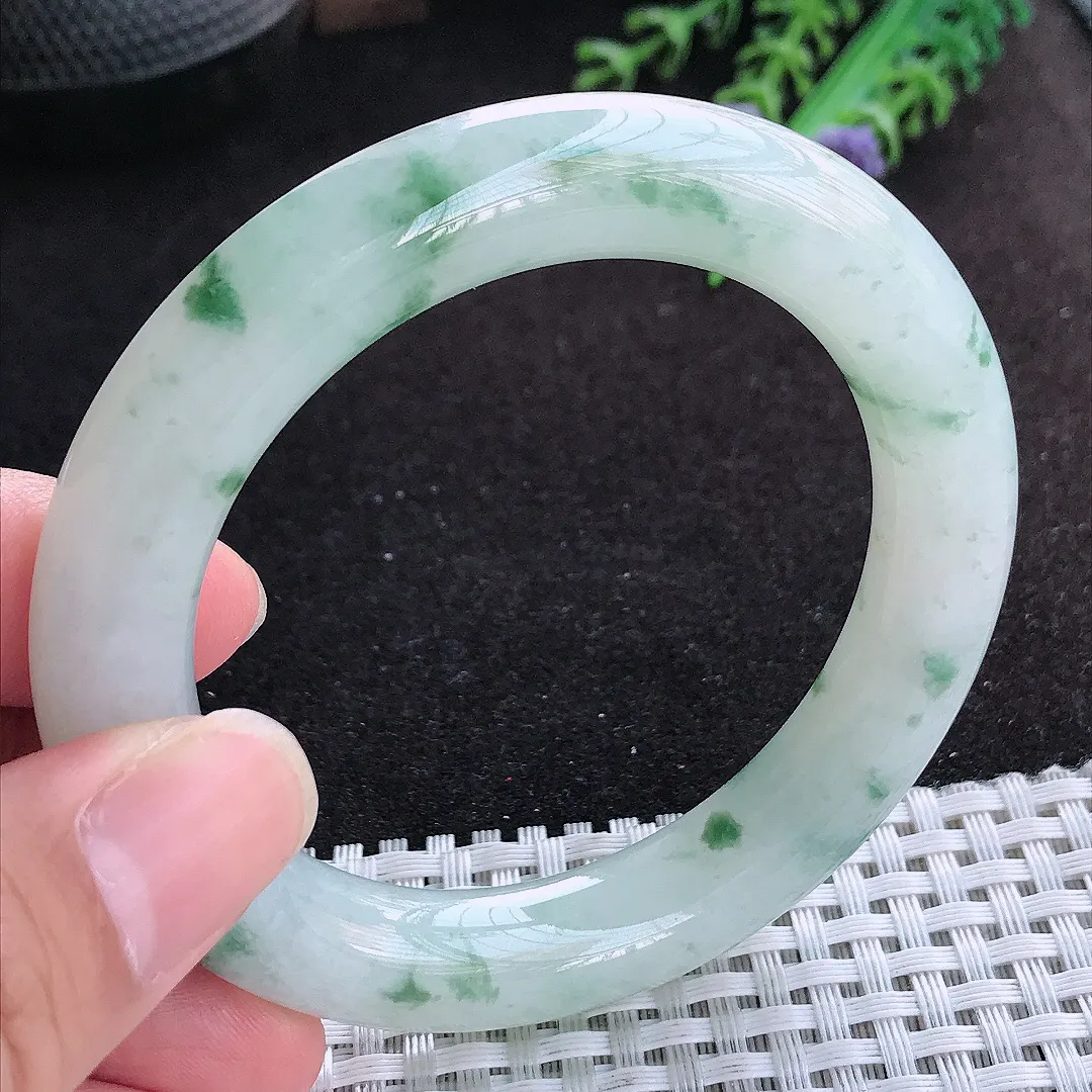 自然光54/10.8老坑精美冰润飘花胖圆条手镯天然翡翠玉镯百搭女款