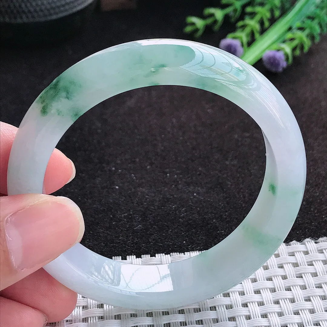 自然光55/13.3/8.4老坑冰润起胶飘花宽边手镯天然翡翠玉镯百搭女款