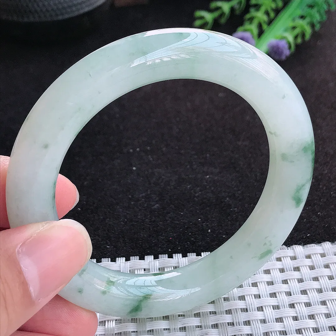 自然光54/10.8老坑精美冰润飘花胖圆条手镯天然翡翠玉镯百搭女款