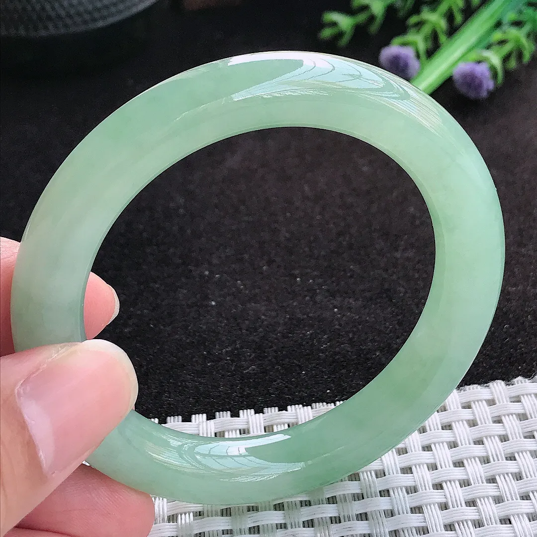 自然光52.5/9.9/9.7老坑冰胶果冻冰晴满甜绿圆条手镯天然翡翠玉镯百搭女款