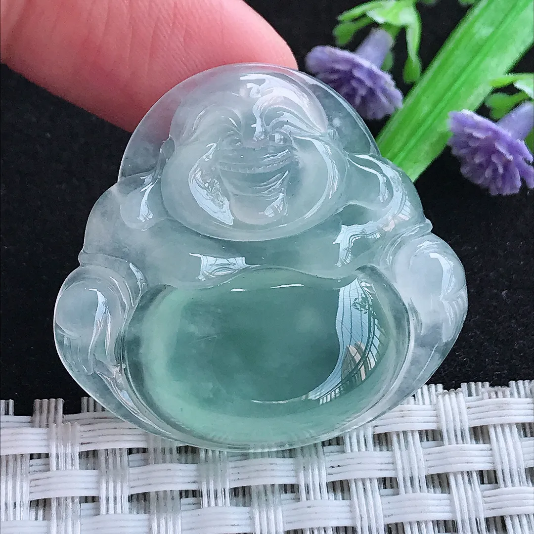 自然光33/35/6.3老坑冰种果冻胶冰纯天空蓝佛公吊坠天然翡翠玉坠挂件