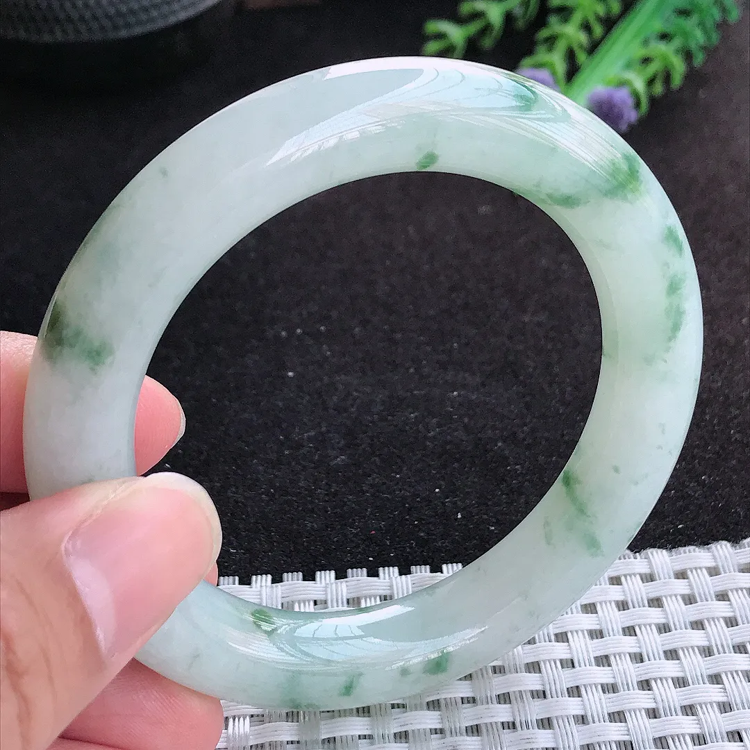 自然光54/10.8老坑精美冰润飘花胖圆条手镯天然翡翠玉镯百搭女款