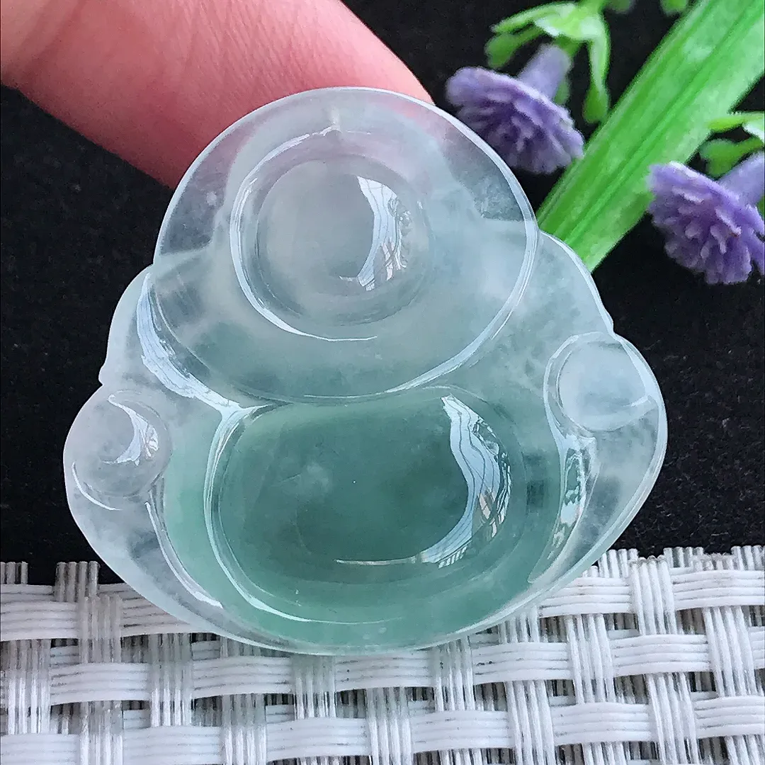 自然光33/35/6.3老坑冰种果冻胶冰纯天空蓝佛公吊坠天然翡翠玉坠挂件