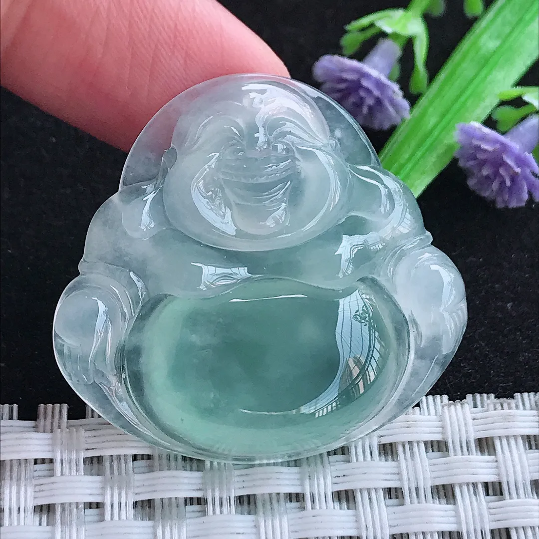 自然光33/35/6.3老坑冰种果冻胶冰纯天空蓝佛公吊坠天然翡翠玉坠挂件