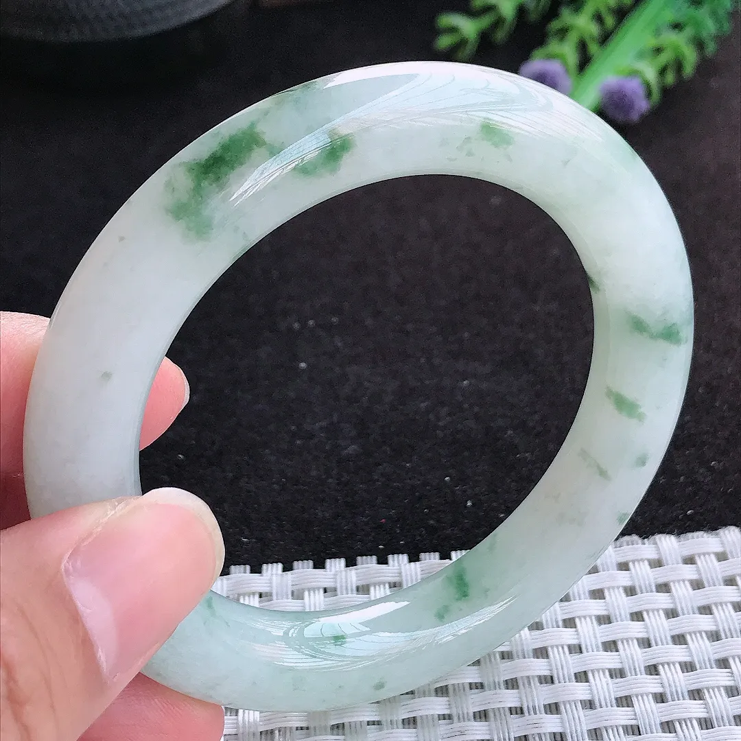 自然光54/10.8老坑精美冰润飘花胖圆条手镯天然翡翠玉镯百搭女款