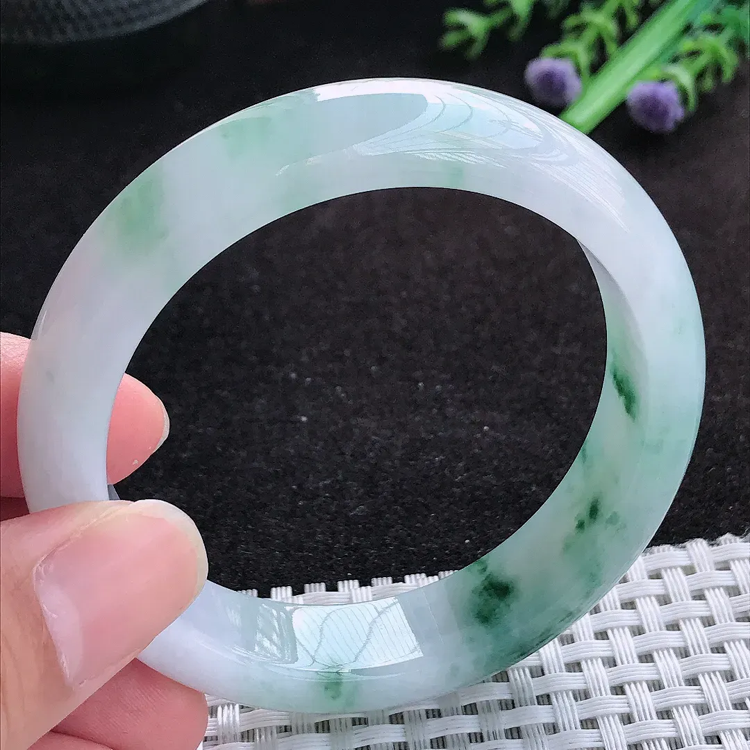 自然光55/13.3/8.4老坑冰润起胶飘花宽边手镯天然翡翠玉镯百搭女款