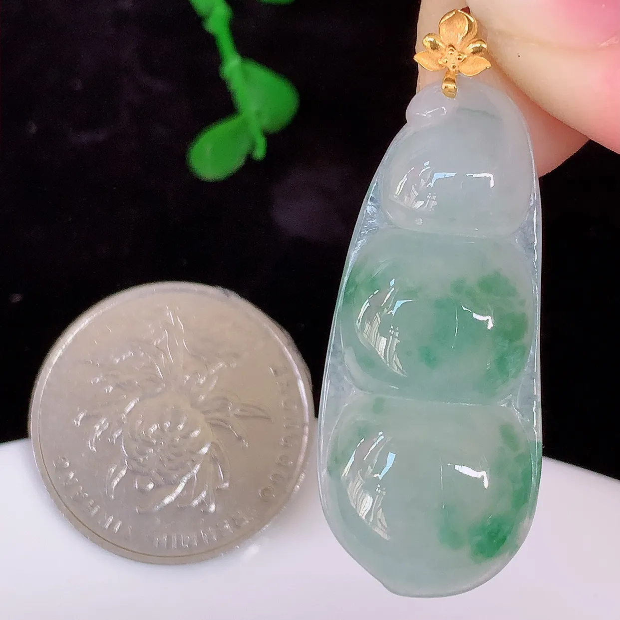 自然光实拍，18K金镶嵌冰种飘花翡翠福豆吊坠，平安豆福豆玉坠，冰润通透，豆粒饱满，寓意：豆蔻年华！#38.2整体41.5裸石36.5*15.8*5.6