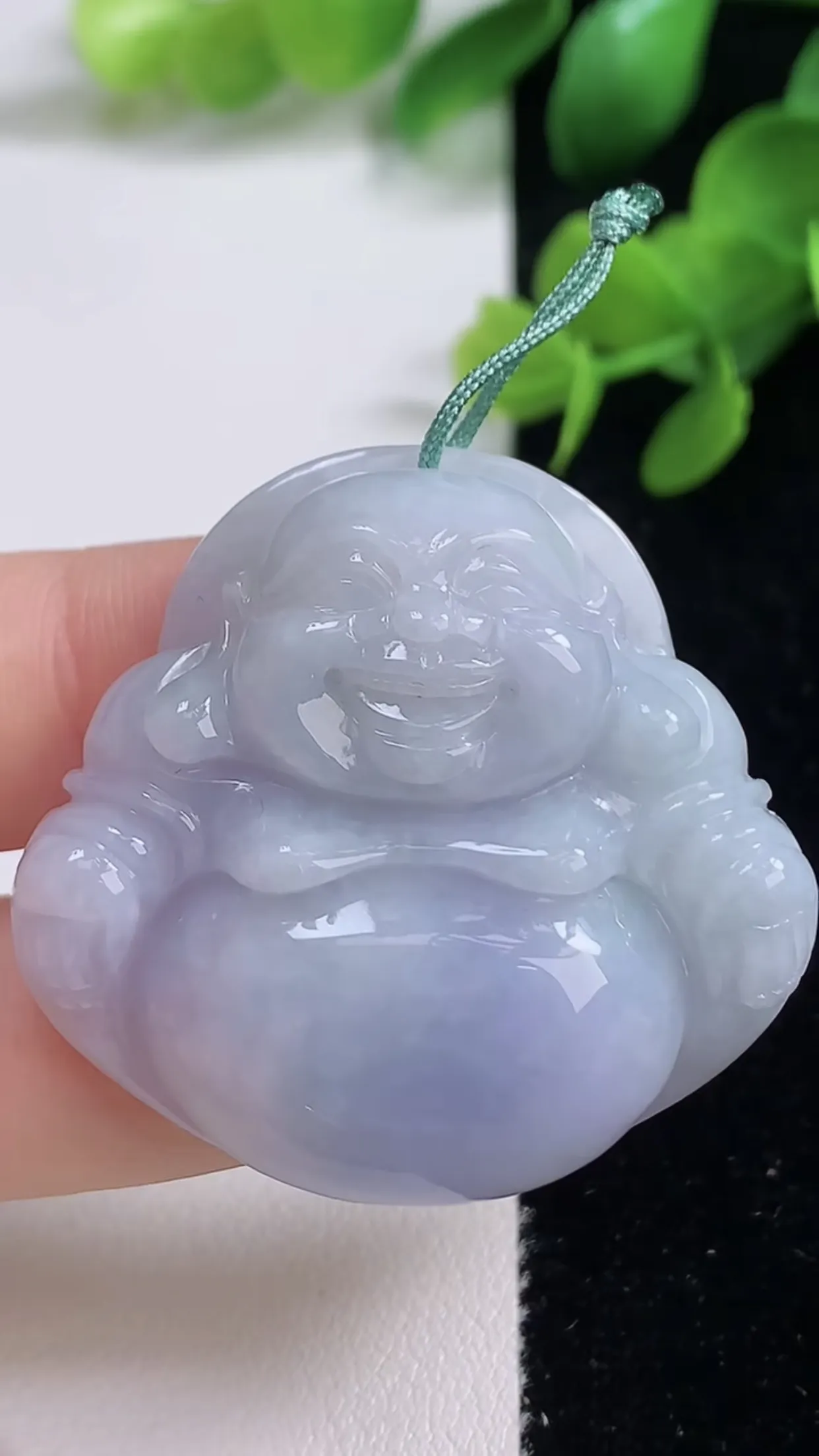 缅甸天然翡翠a货 老坑料起胶冰润 紫罗兰笑口常开 佛公吊坠，尺寸37.6-40.2-10.2mm  y 24.95