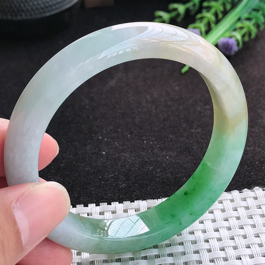 自然光58/12/8.5老坑精美冰润双彩飘阳绿手镯天然翡翠玉镯百搭女款