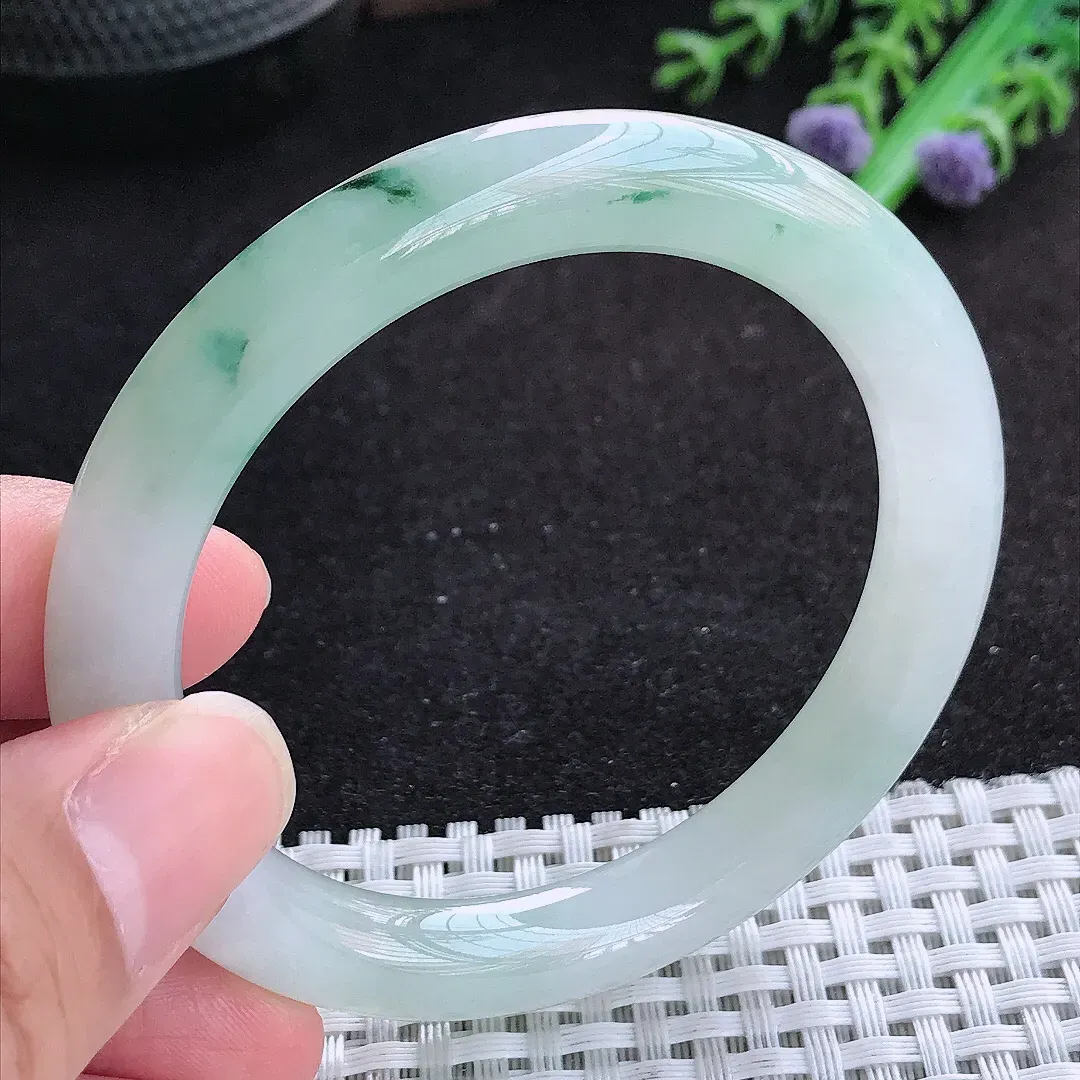 自然光53.5/9.1老坑冰胶果冻冰飘花圆条手镯天然翡翠玉镯百搭女款