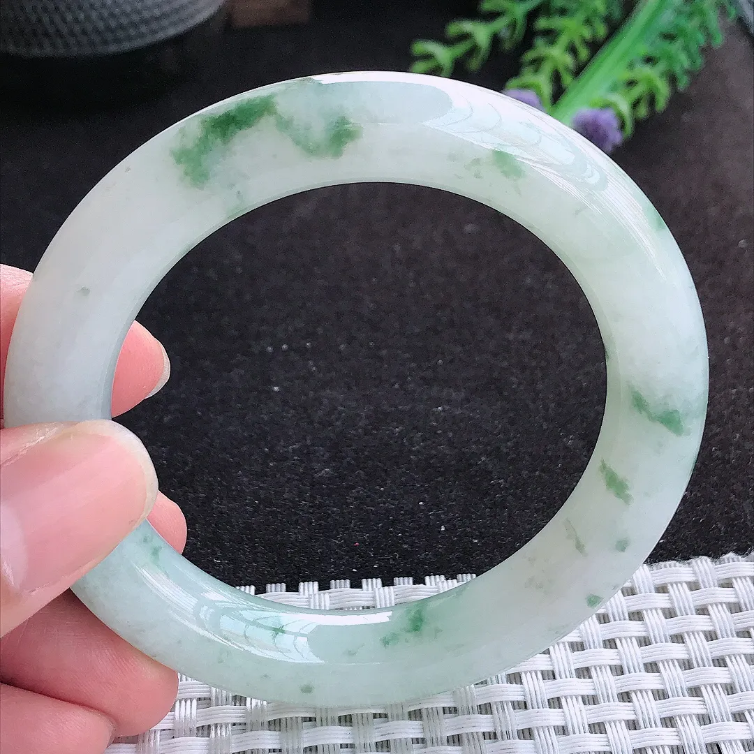 自然光54/10.8老坑精美冰润飘花胖圆条手镯天然翡翠玉镯百搭女款