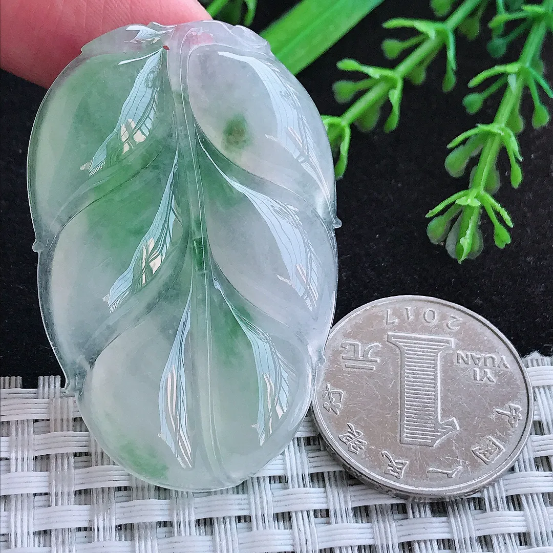 自然光49.3/32.6/6.2老坑冰胶果冻胶飘花大叶子吊坠天然翡翠玉坠挂件