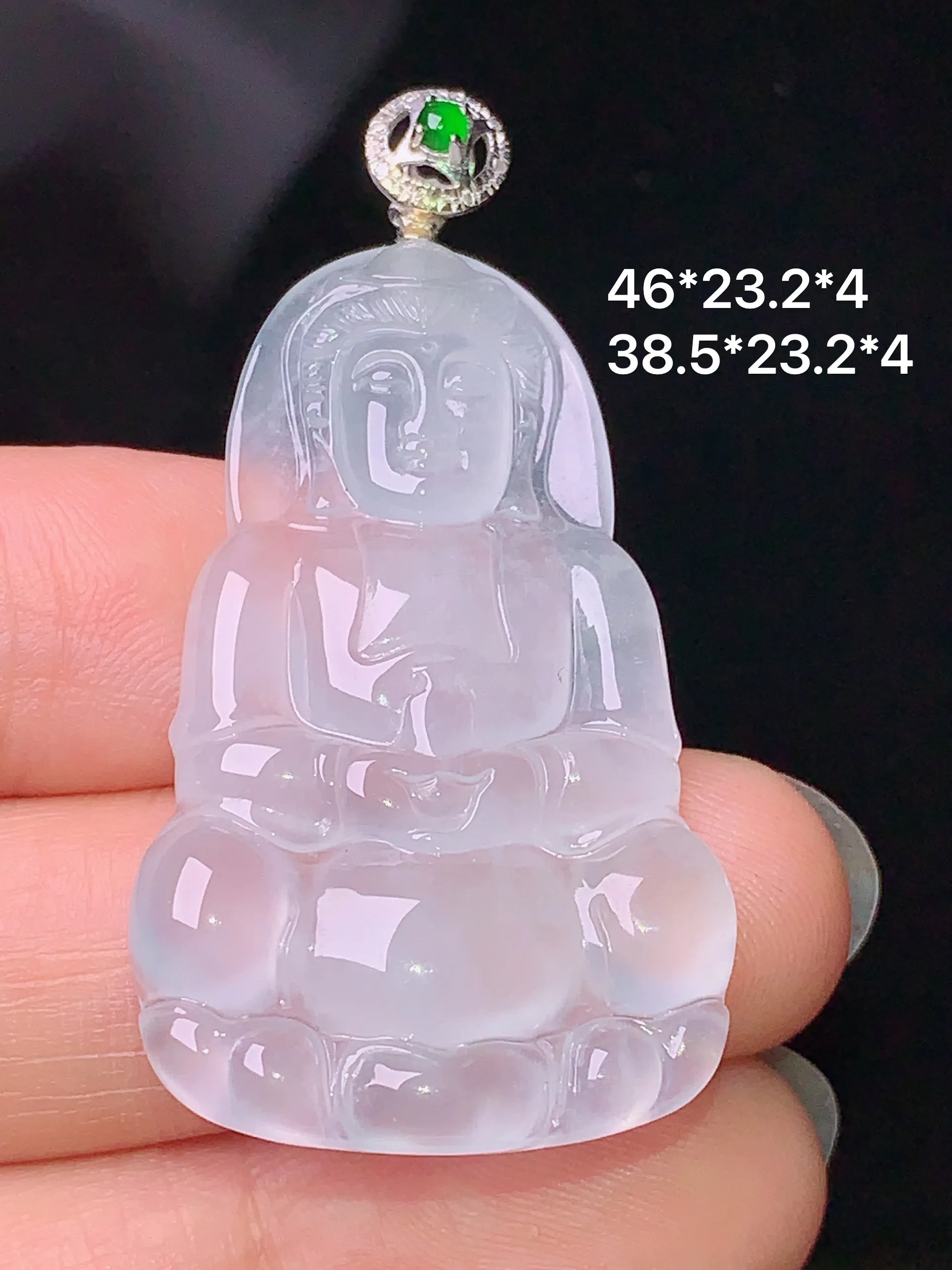 18k金镶嵌冰种观音吊坠 玉质细腻 色泽清新艳丽 整体尺寸46*23.2*4