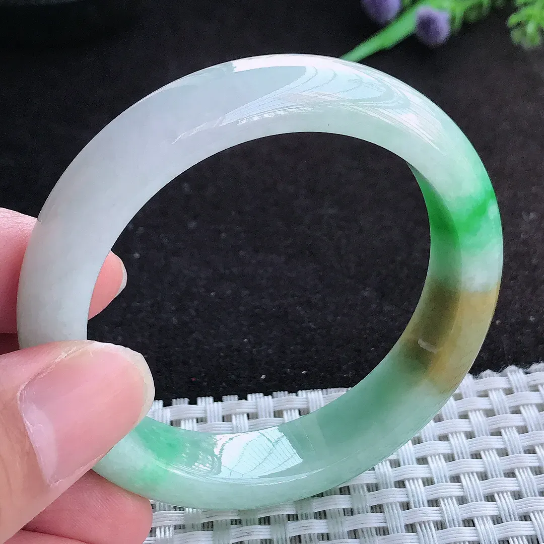 自然光51.5/12.6/8.1老坑精美三彩黄加绿手镯小圈口天然翡翠玉镯百搭女款