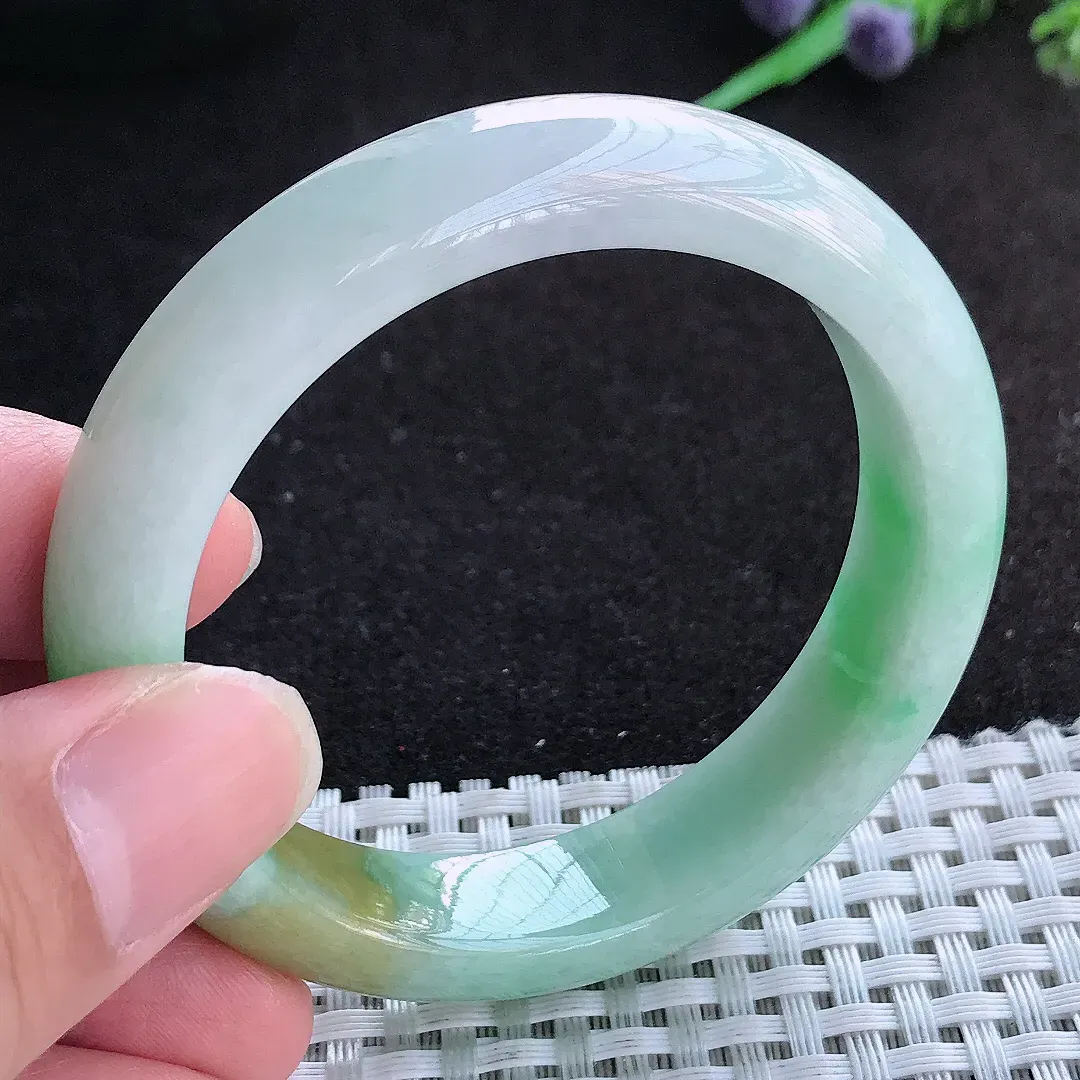 自然光51.5/12.6/8.1老坑精美三彩黄加绿手镯小圈口天然翡翠玉镯百搭女款