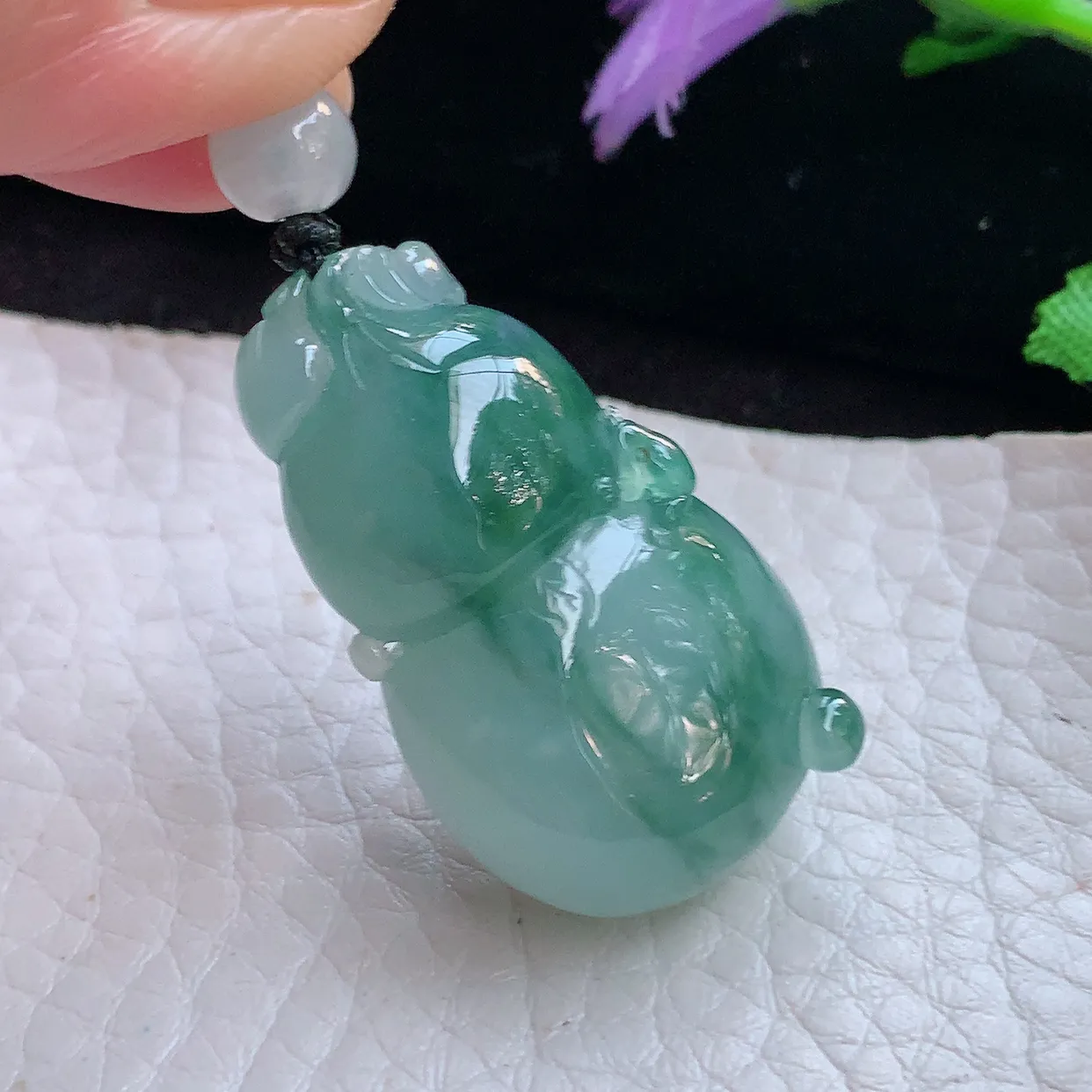 lz实拍33*19.3*12.3缅甸翡翠冰飘花葫芦吊坠 饱满福禄双全玉坠