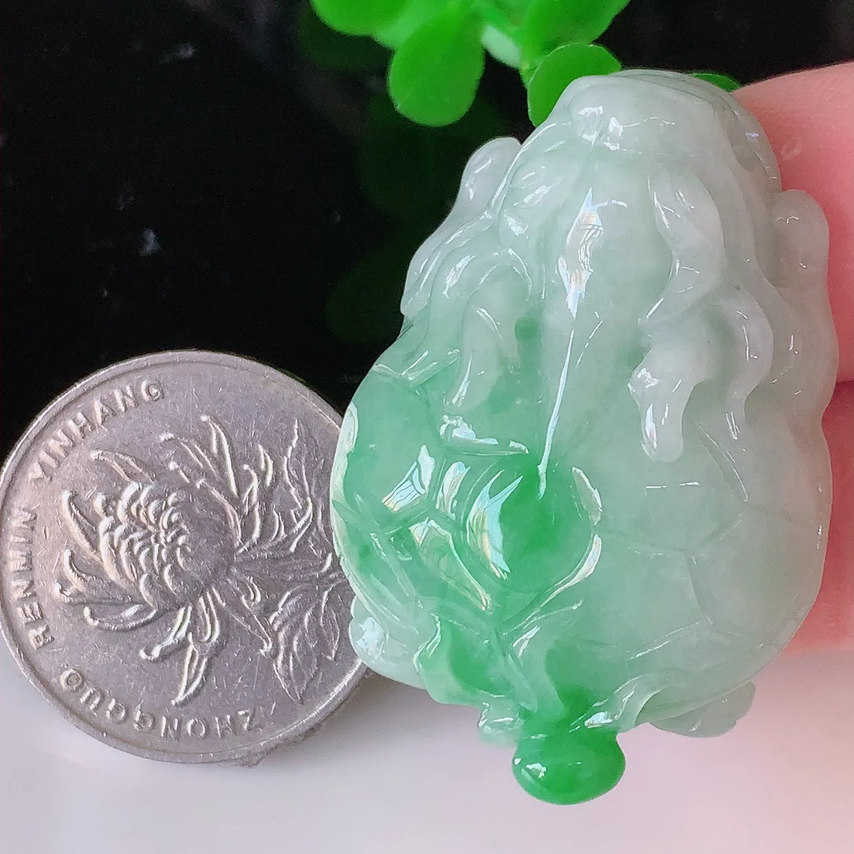 自然光实拍，冰润飘绿翡翠招财龙龟吊坠，种老水足，雕工精湛 ，寓意美好，佩戴时尚出众！#87.4