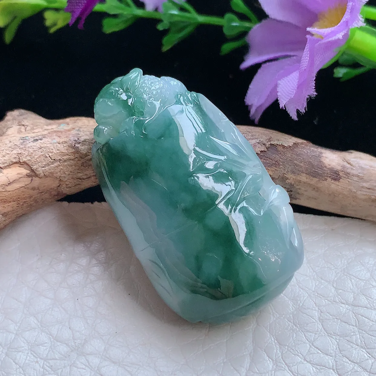 lz实拍38.5*23*12.3缅甸翡翠冰飘花竹节吊坠 节节高升招财进宝金蟾玉坠