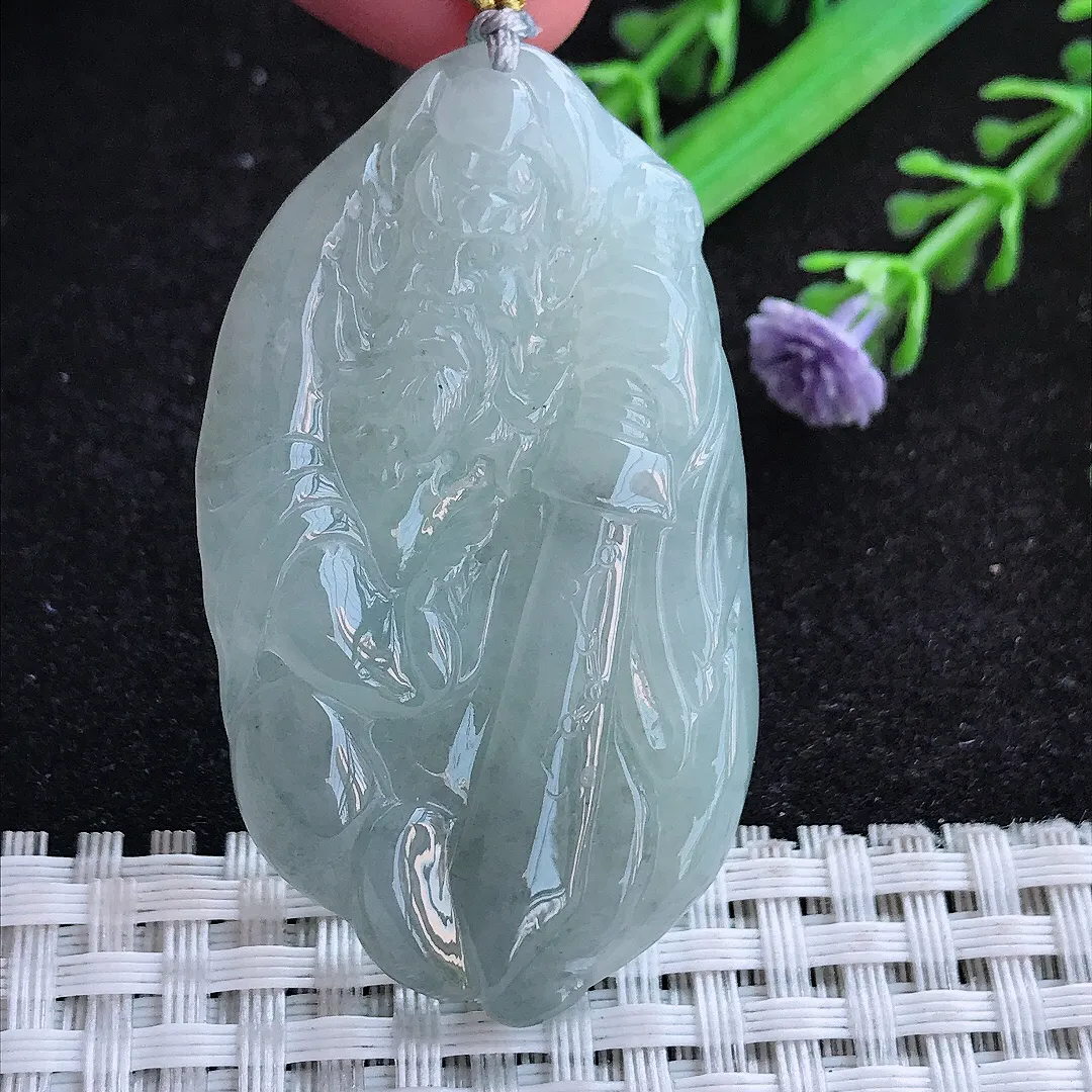 自然光51.2/29.2/5.8老坑冰胶果冻乌鸡飘花钟馗吊坠天然翡翠玉坠挂件