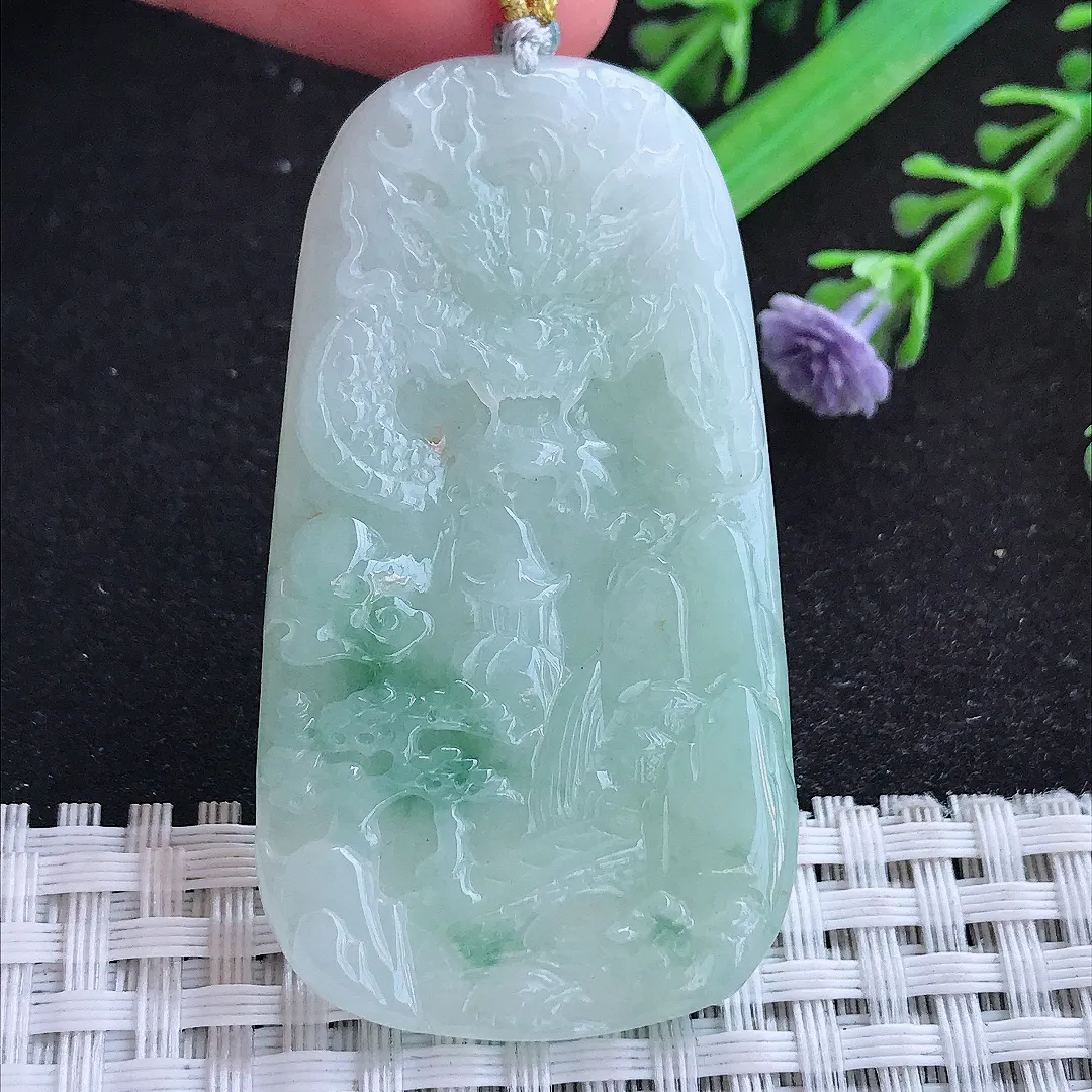 自然光55.5/30.3/5.5老坑秀气冰润飘花龙牌吊坠天然翡翠玉坠挂件