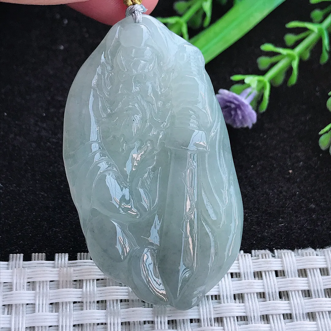 自然光51.2/29.2/5.8老坑冰胶果冻乌鸡飘花钟馗吊坠天然翡翠玉坠挂件