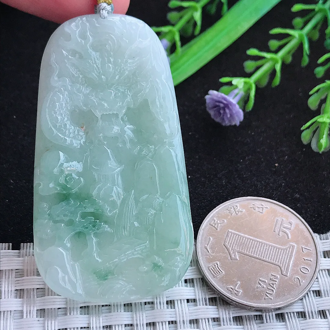 自然光55.5/30.3/5.5老坑秀气冰润飘花龙牌吊坠天然翡翠玉坠挂件