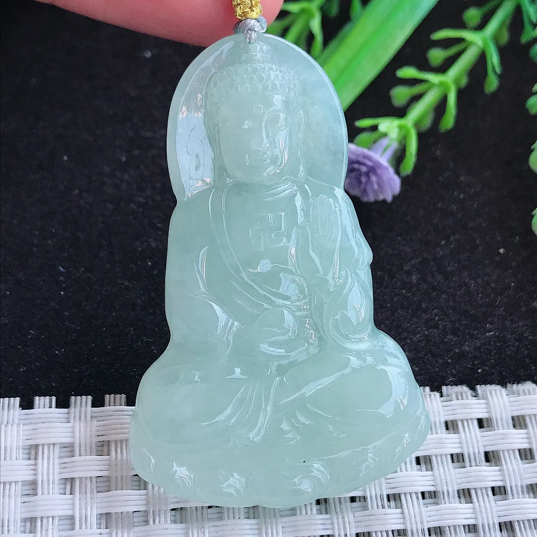 自然光52/34/5.5老坑冰胶水灵冰晴阿弥陀佛吊坠天然翡翠玉坠挂件