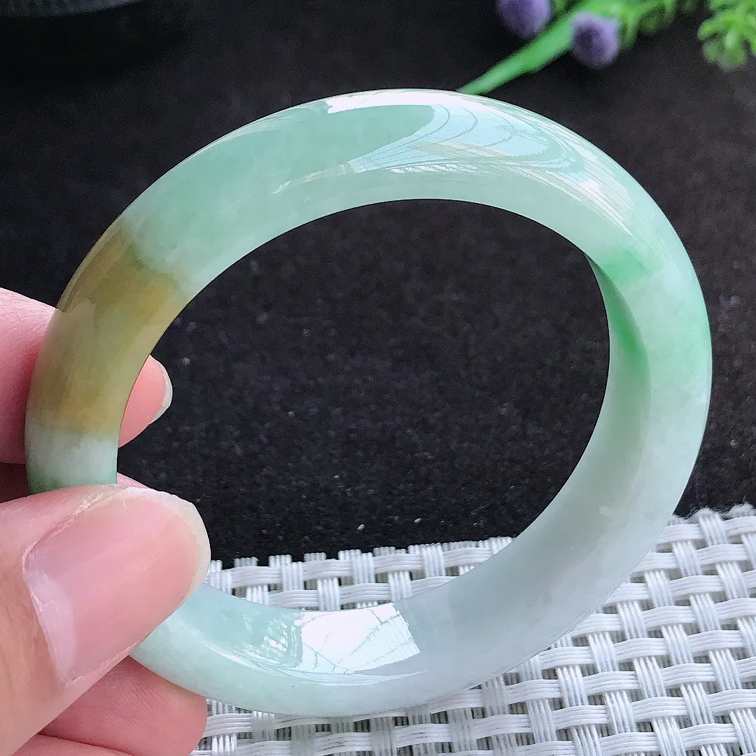 自然光51.5/12.6/8.1老坑精美三彩黄加绿手镯小圈口天然翡翠玉镯百搭女款