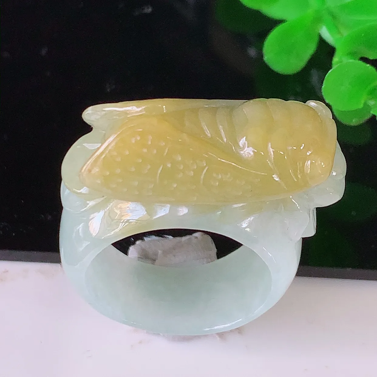 自然光实拍，黄翡金蟾扳指，19mm内径翡翠扳指，冰润指环，玉扳指，财源滚滚，玉质细腻起胶，20圈口，