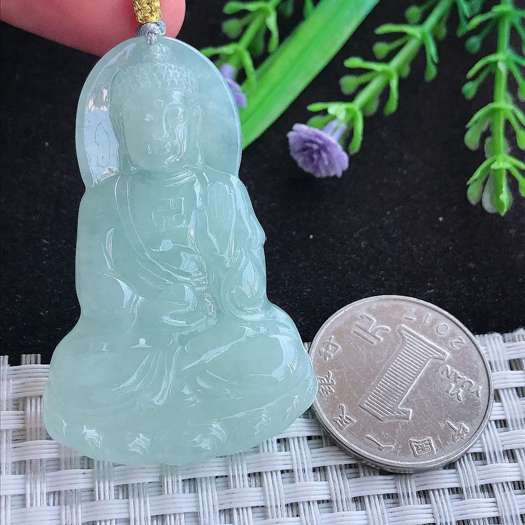 自然光52/34/5.5老坑冰胶水灵冰晴阿弥陀佛吊坠天然翡翠玉坠挂件