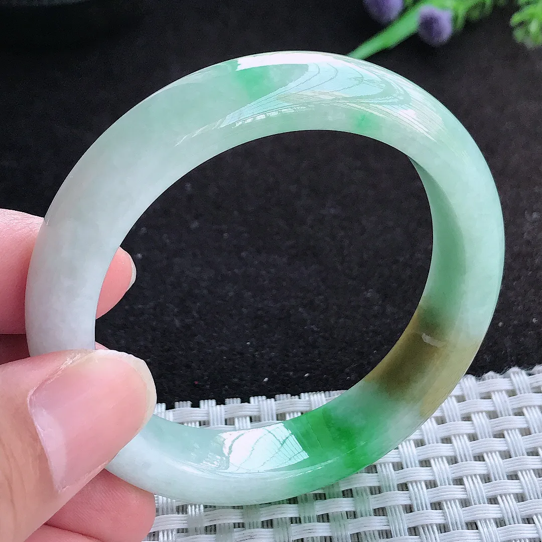自然光51.5/12.6/8.1老坑精美三彩黄加绿手镯小圈口天然翡翠玉镯百搭女款
