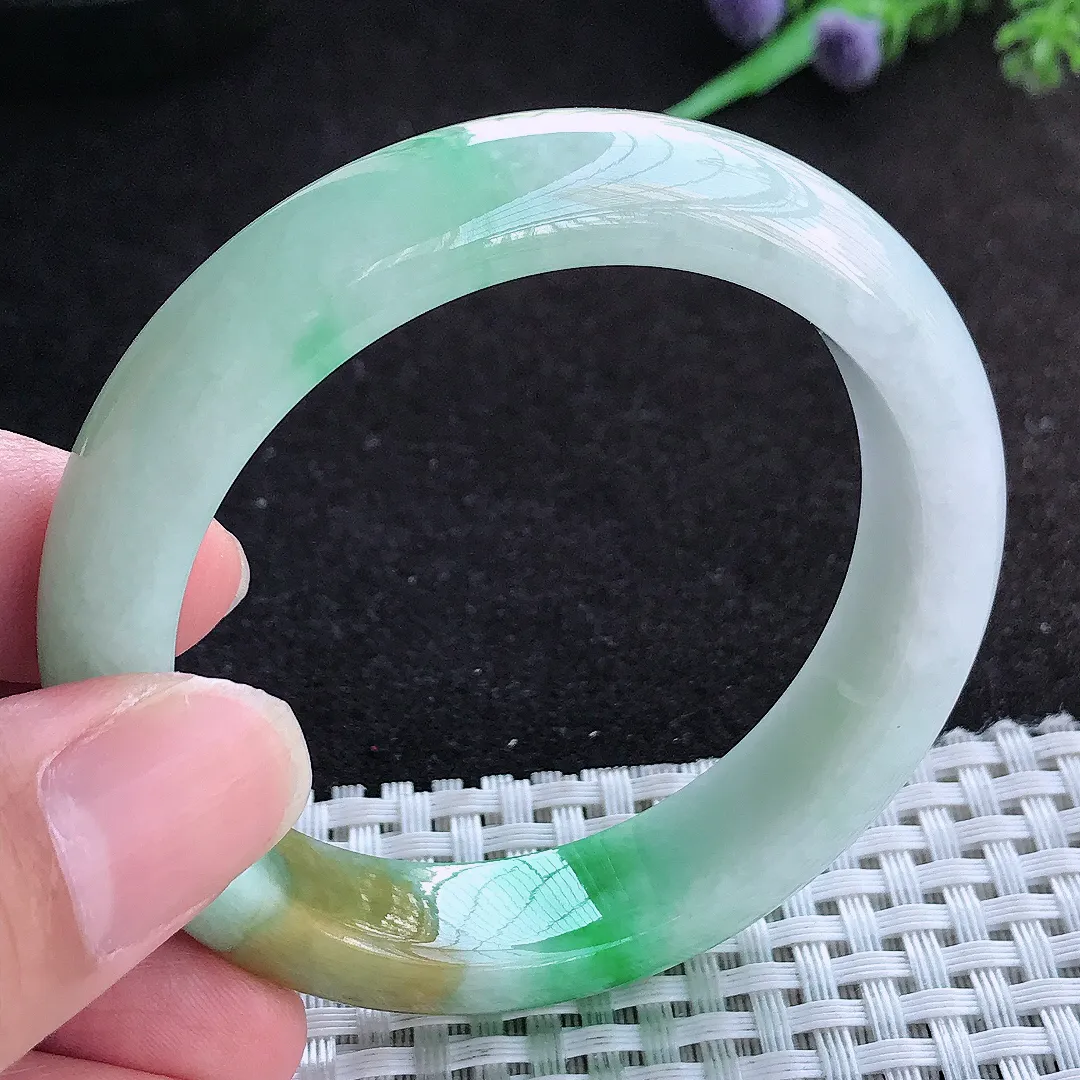 自然光51.5/12.6/8.1老坑精美三彩黄加绿手镯小圈口天然翡翠玉镯百搭女款