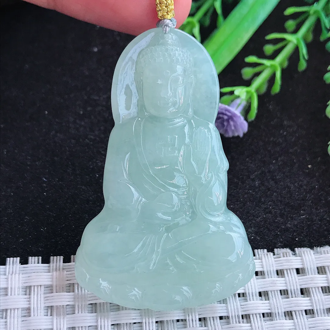 自然光52/34/5.5老坑冰胶水灵冰晴阿弥陀佛吊坠天然翡翠玉坠挂件