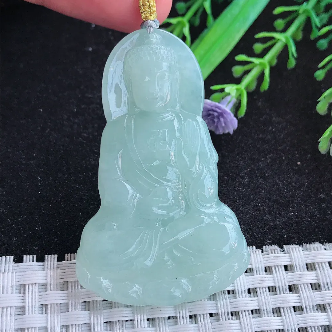 自然光52/34/5.5老坑冰胶水灵冰晴阿弥陀佛吊坠天然翡翠玉坠挂件