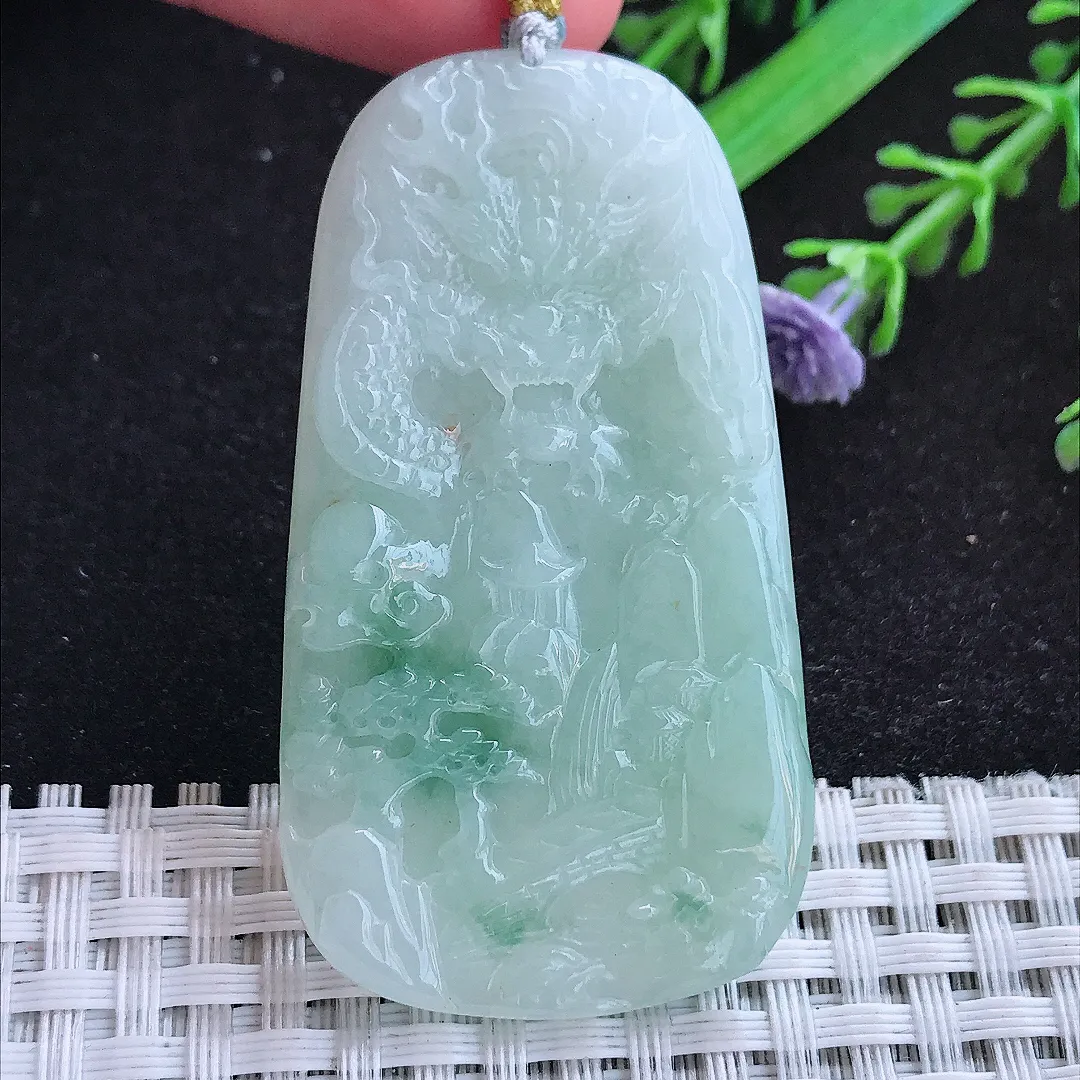 自然光55.5/30.3/5.5老坑秀气冰润飘花龙牌吊坠天然翡翠玉坠挂件