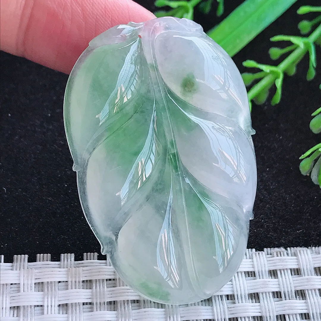 自然光49.3/32.6/6.2老坑冰胶果冻胶飘花大叶子吊坠天然翡翠玉坠挂件
