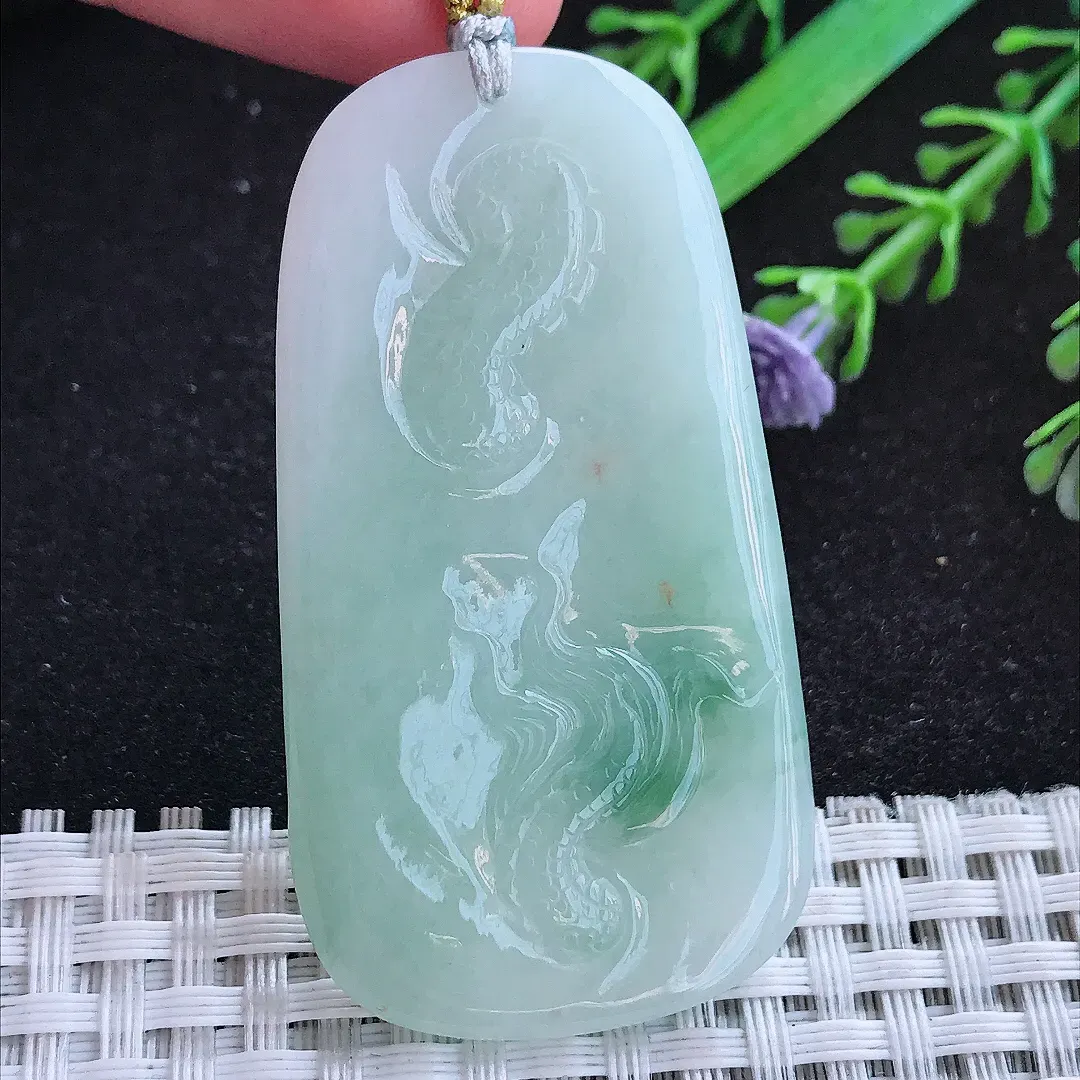 自然光55.5/30.3/5.5老坑秀气冰润飘花龙牌吊坠天然翡翠玉坠挂件