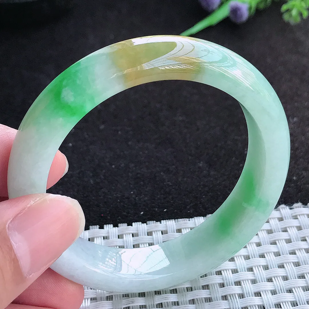 自然光51.5/12.6/8.1老坑精美三彩黄加绿手镯小圈口天然翡翠玉镯百搭女款