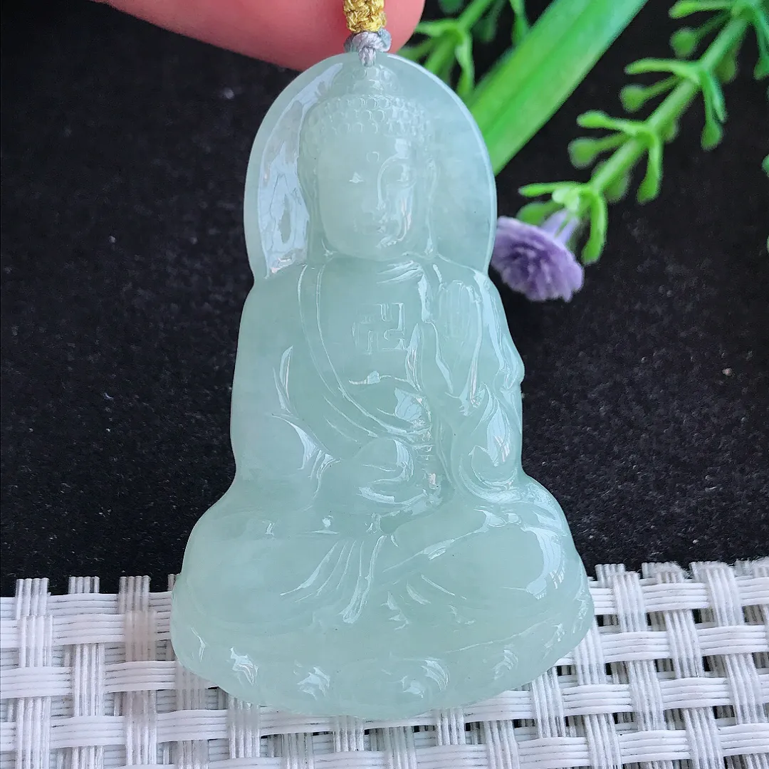 自然光52/34/5.5老坑冰胶水灵冰晴阿弥陀佛吊坠天然翡翠玉坠挂件