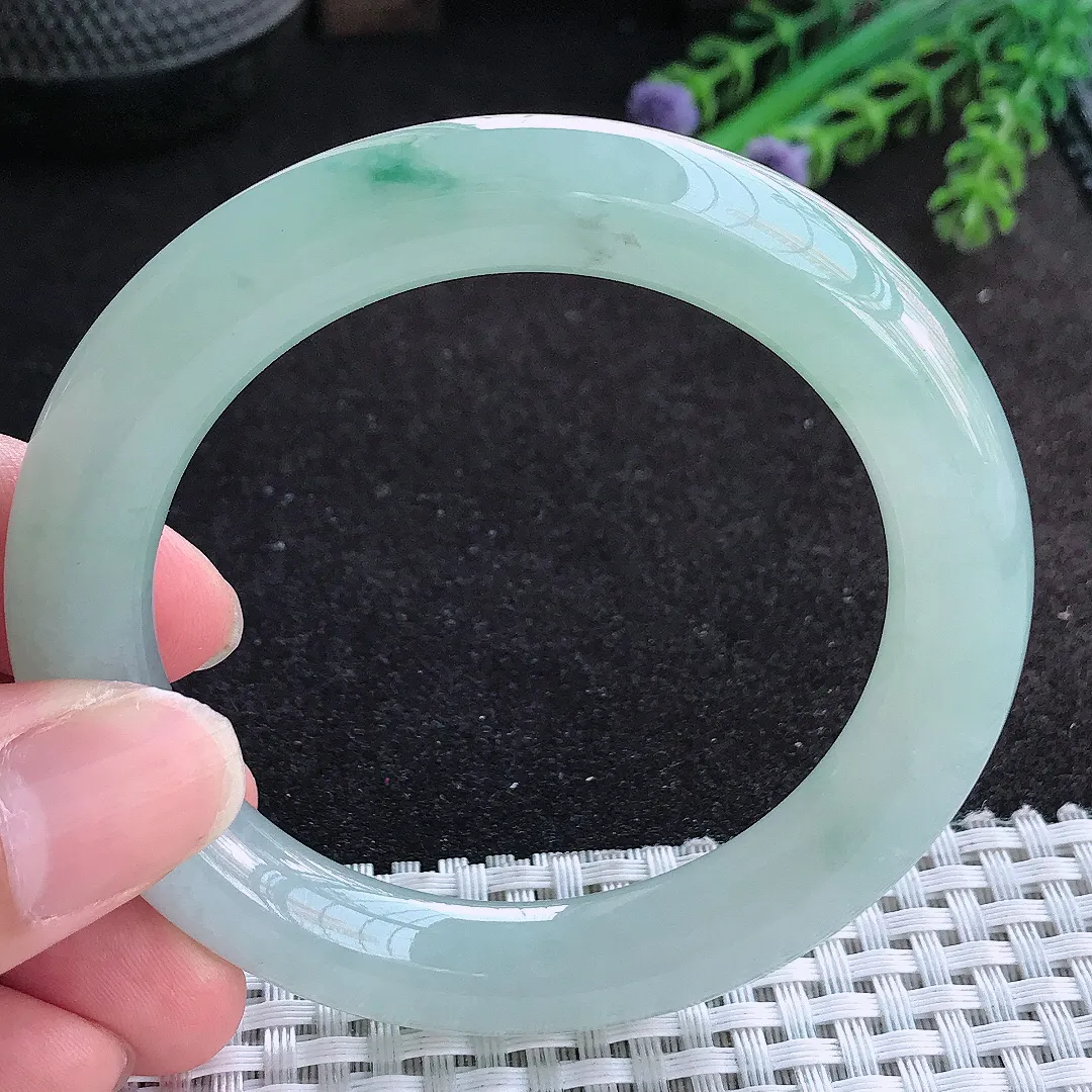 自然光54/10.3/10.5老坑冰胶果冻冰晴飘花圆条手镯天然翡翠玉镯百搭女款