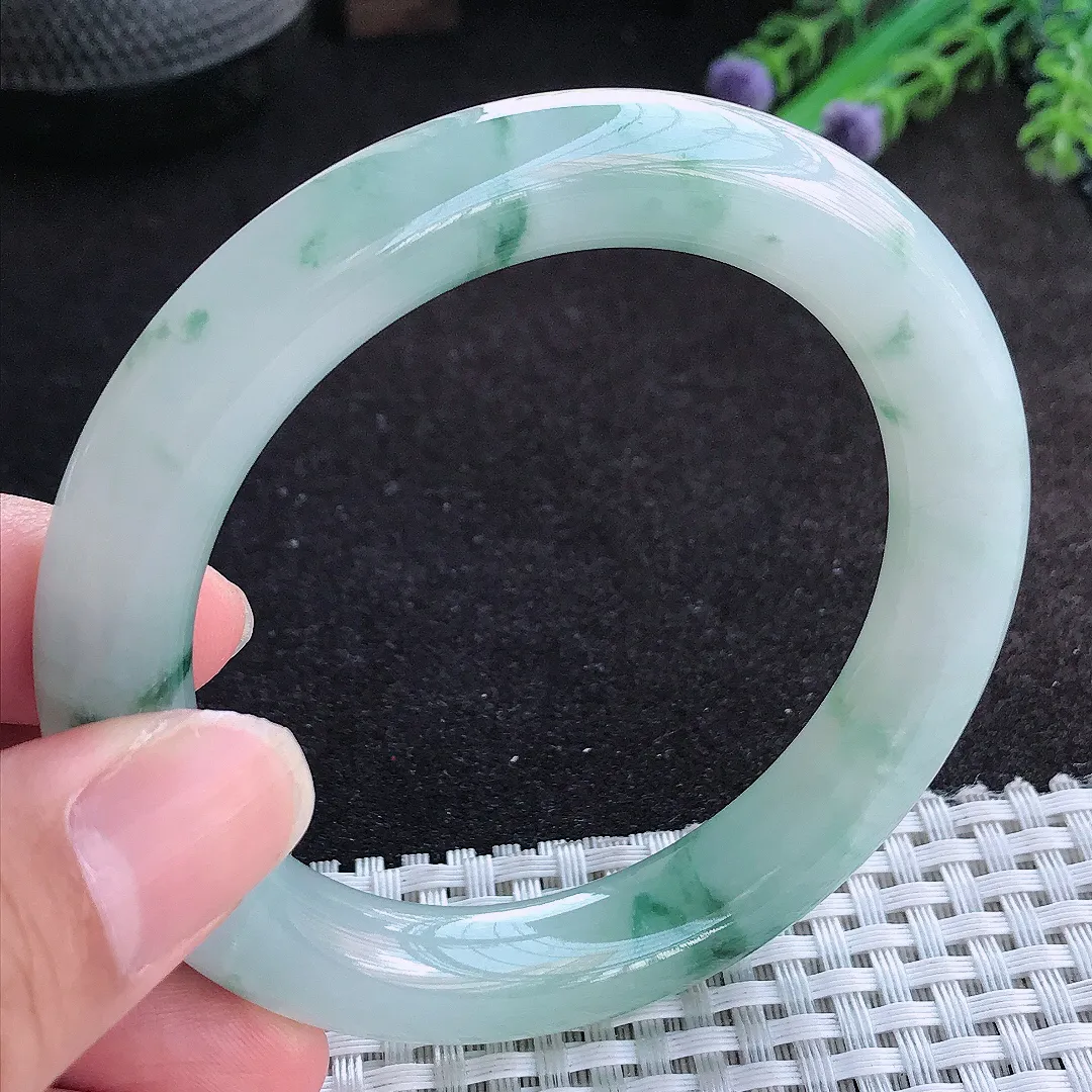 自然光56/10.9/10.6老坑冰胶果冻飘花圆条手镯天然翡翠玉镯百搭女款