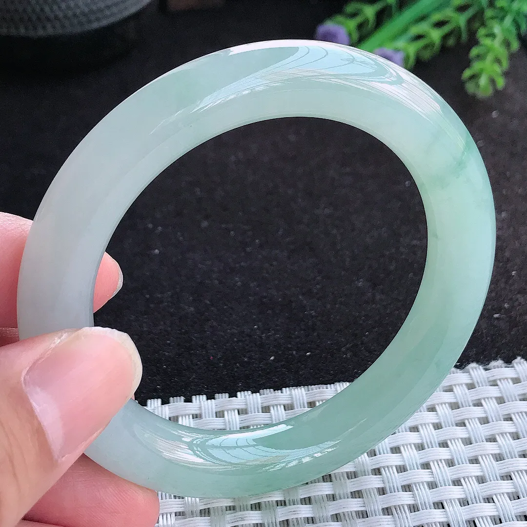 自然光54/10.3/10.5老坑冰胶果冻冰晴飘花圆条手镯天然翡翠玉镯百搭女款
