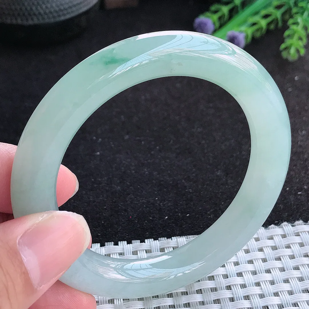 自然光54/10.3/10.5老坑冰胶果冻冰晴飘花圆条手镯天然翡翠玉镯百搭女款