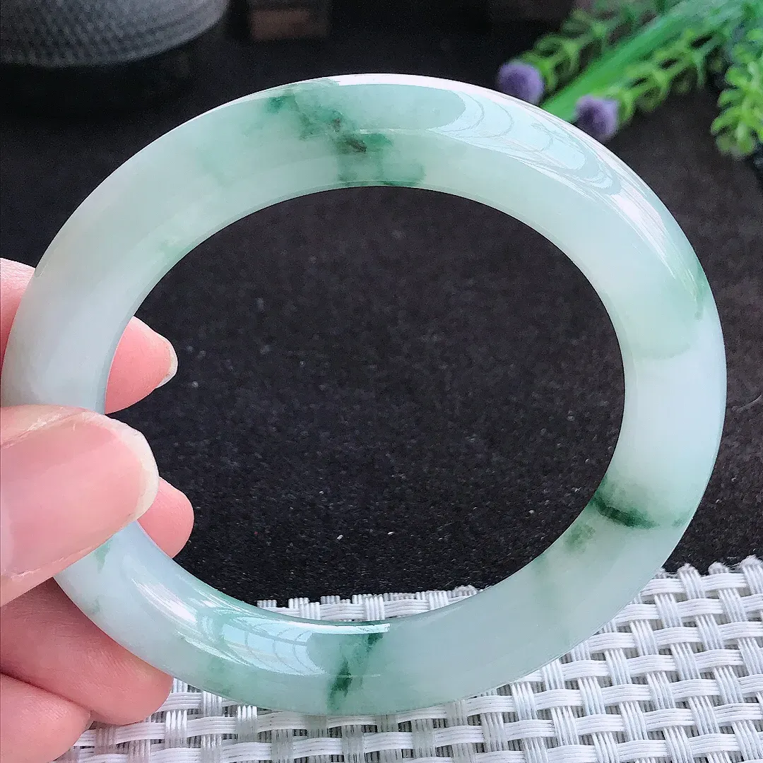 自然光56/10.9/10.6老坑冰胶果冻飘花圆条手镯天然翡翠玉镯百搭女款