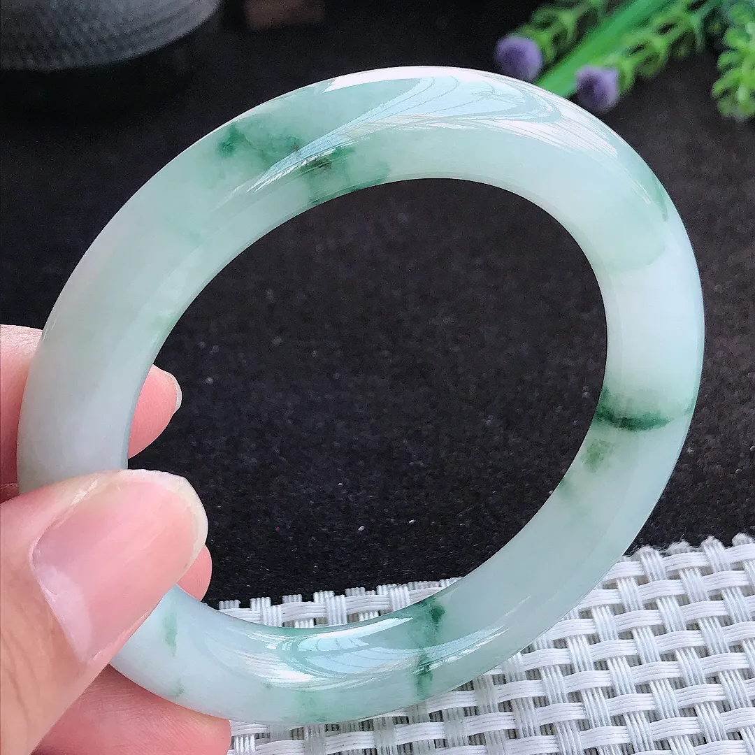 自然光56/10.9/10.6老坑冰胶果冻飘花圆条手镯天然翡翠玉镯百搭女款
