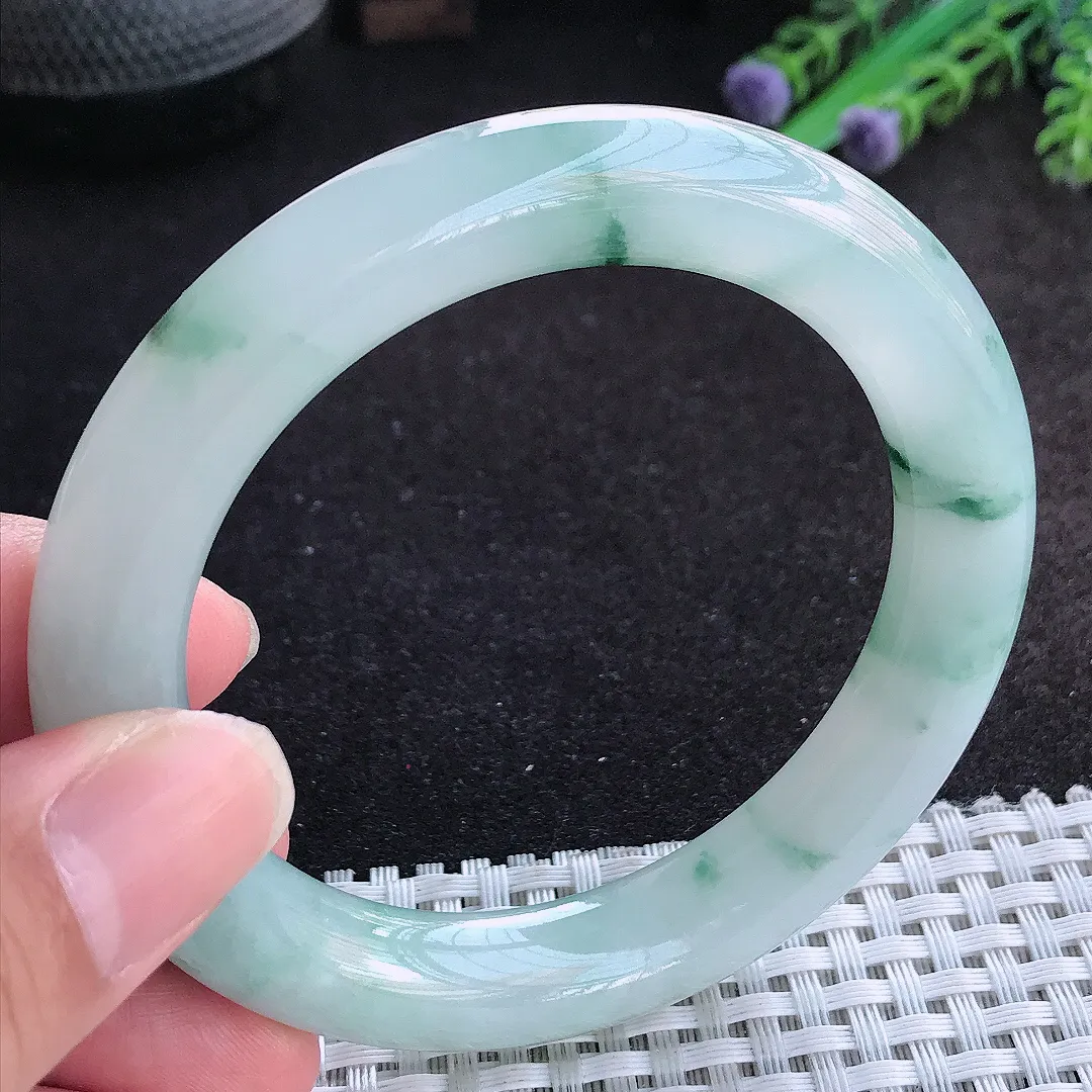 自然光56/10.9/10.6老坑冰胶果冻飘花圆条手镯天然翡翠玉镯百搭女款